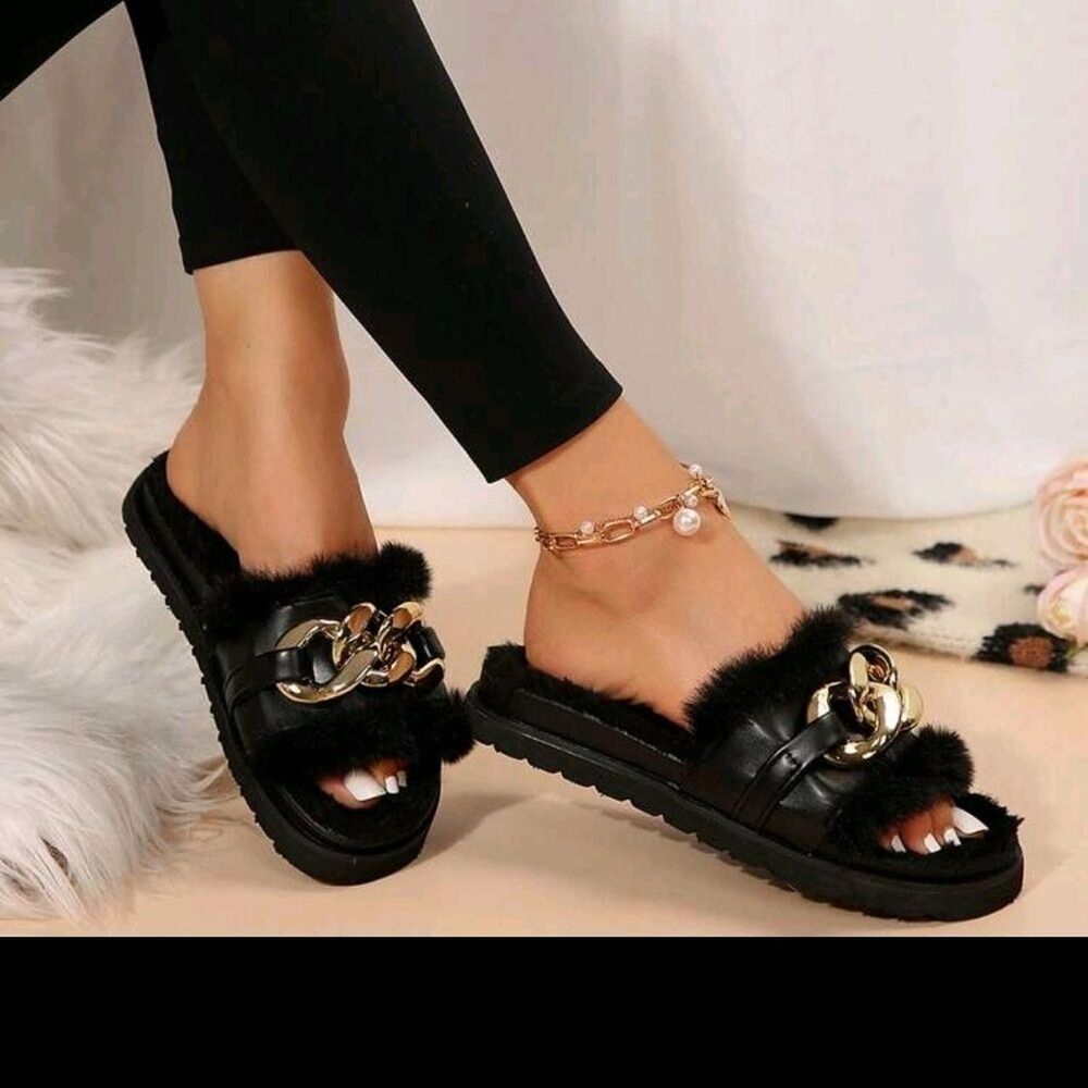 Elegant Black Fur Slide Sandals with Gold Chain size 7.5 new & unused